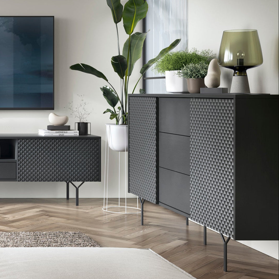 Komoda 144x83 w stylu industrialnym - frezowane fronty 3D, szuflady z pełnym wysuwem, stalowe nogi | Rubin