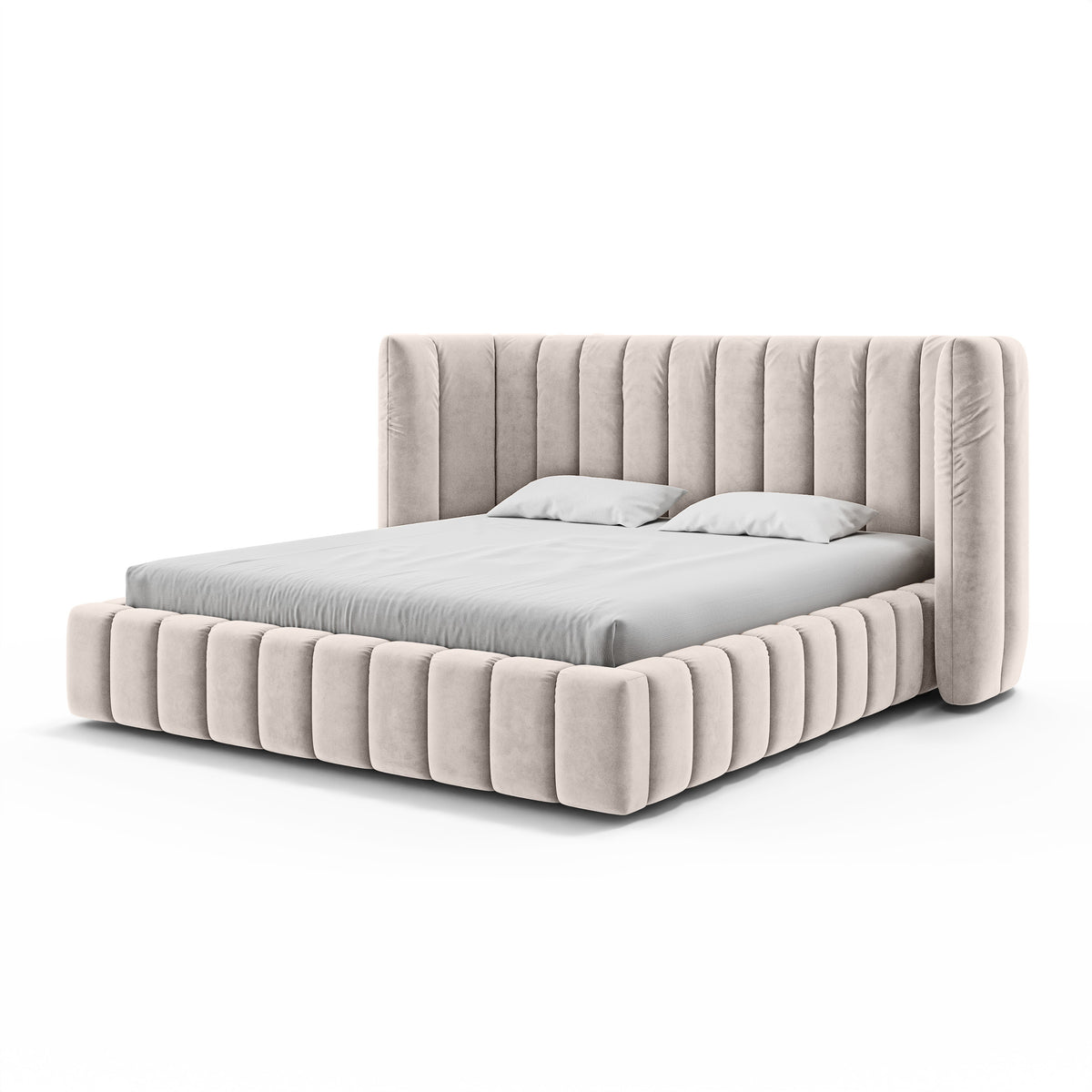 Upholstered bed with vertical tufting and storage in a modern soft style | Gianda