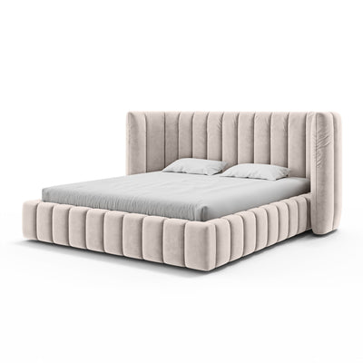 Upholstered bed with vertical tufting and storage in a modern soft style | Gianda