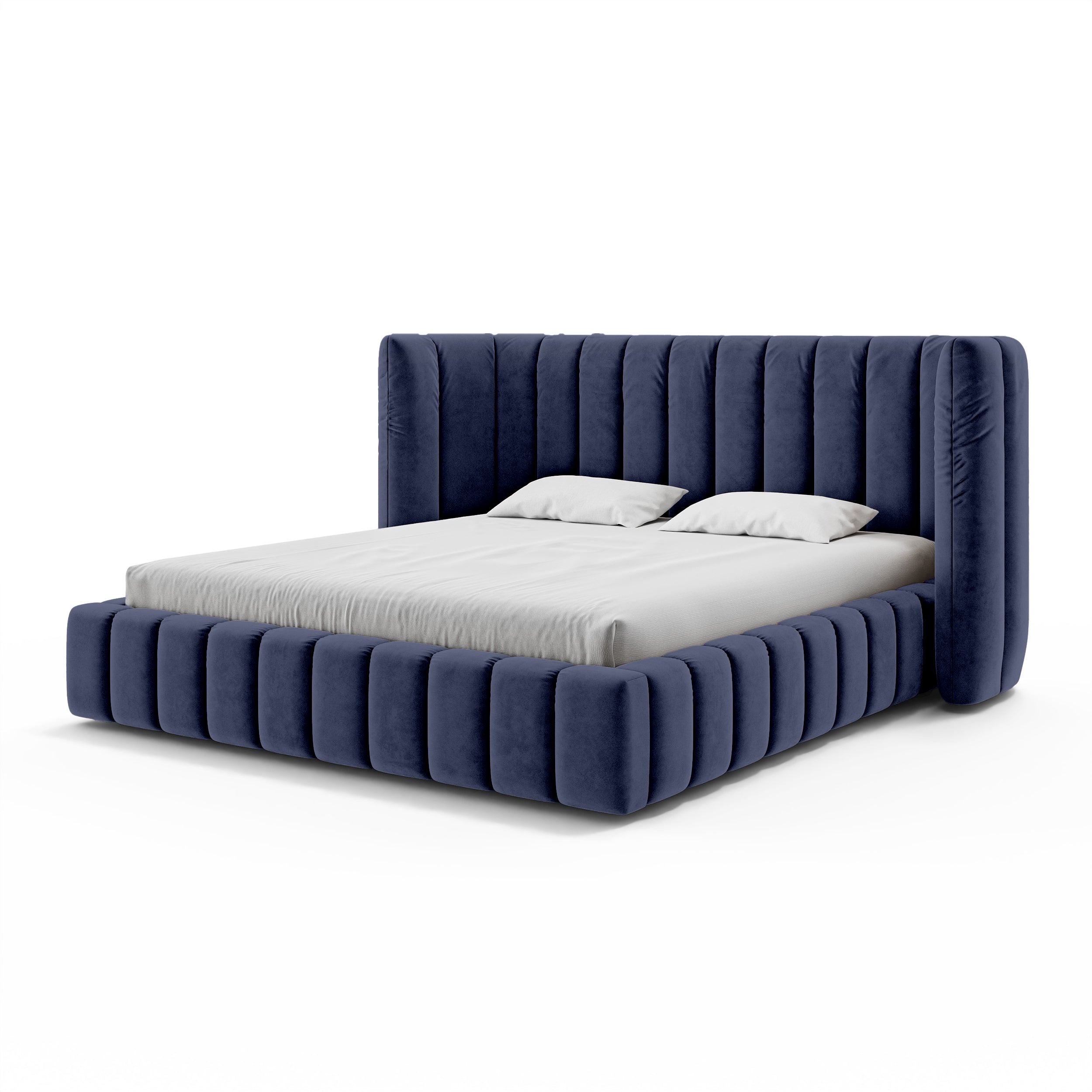 Upholstered bed with vertical tufting and storage in a modern soft style | Gianda