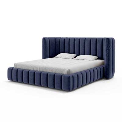 Upholstered bed with vertical tufting and storage in a modern soft style | Gianda