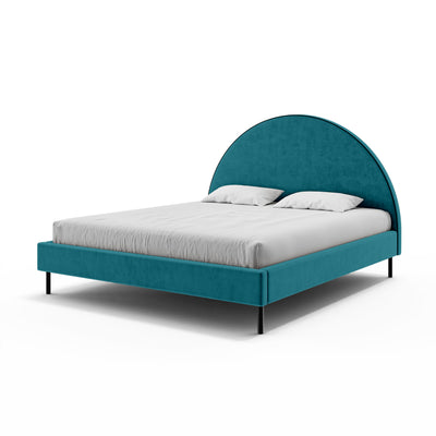 Upholstered bed with a semicircular headboard and storage in a soft modern style | Zora