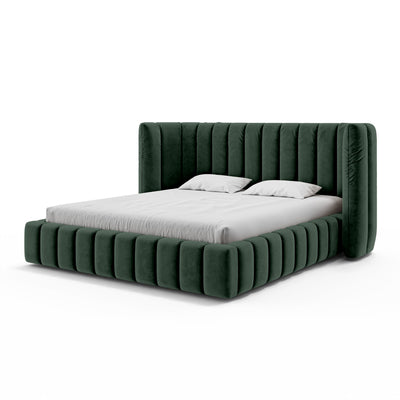 Upholstered bed with vertical tufting and storage in a modern soft style | Gianda