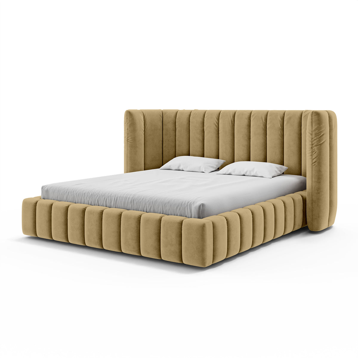 Upholstered bed with vertical tufting and storage in a modern soft style | Gianda