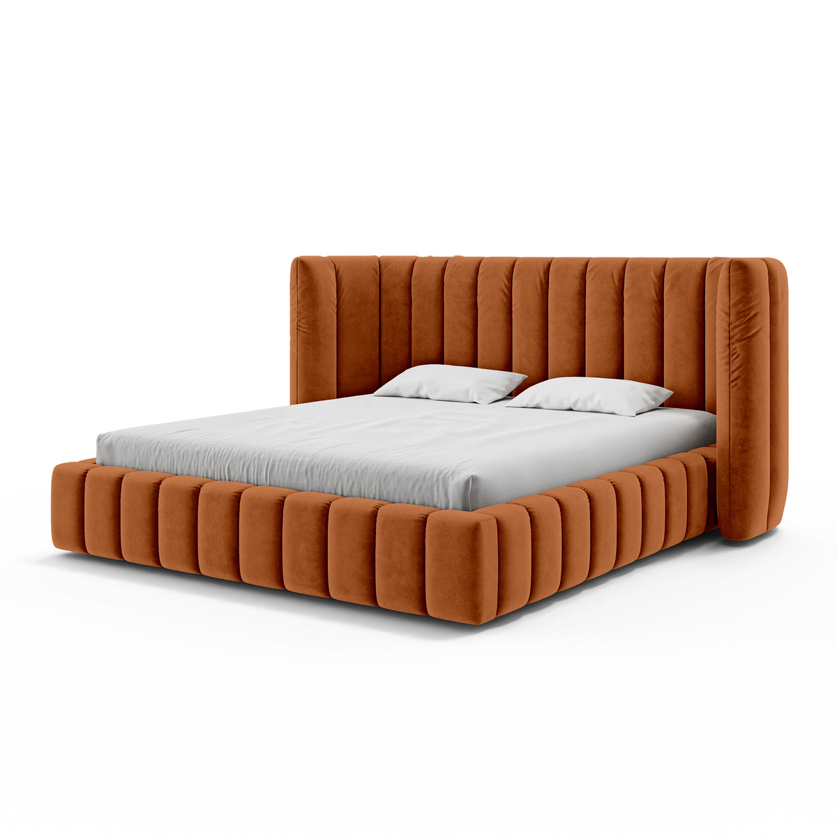 Upholstered bed with vertical tufting and storage in a modern soft style | Gianda