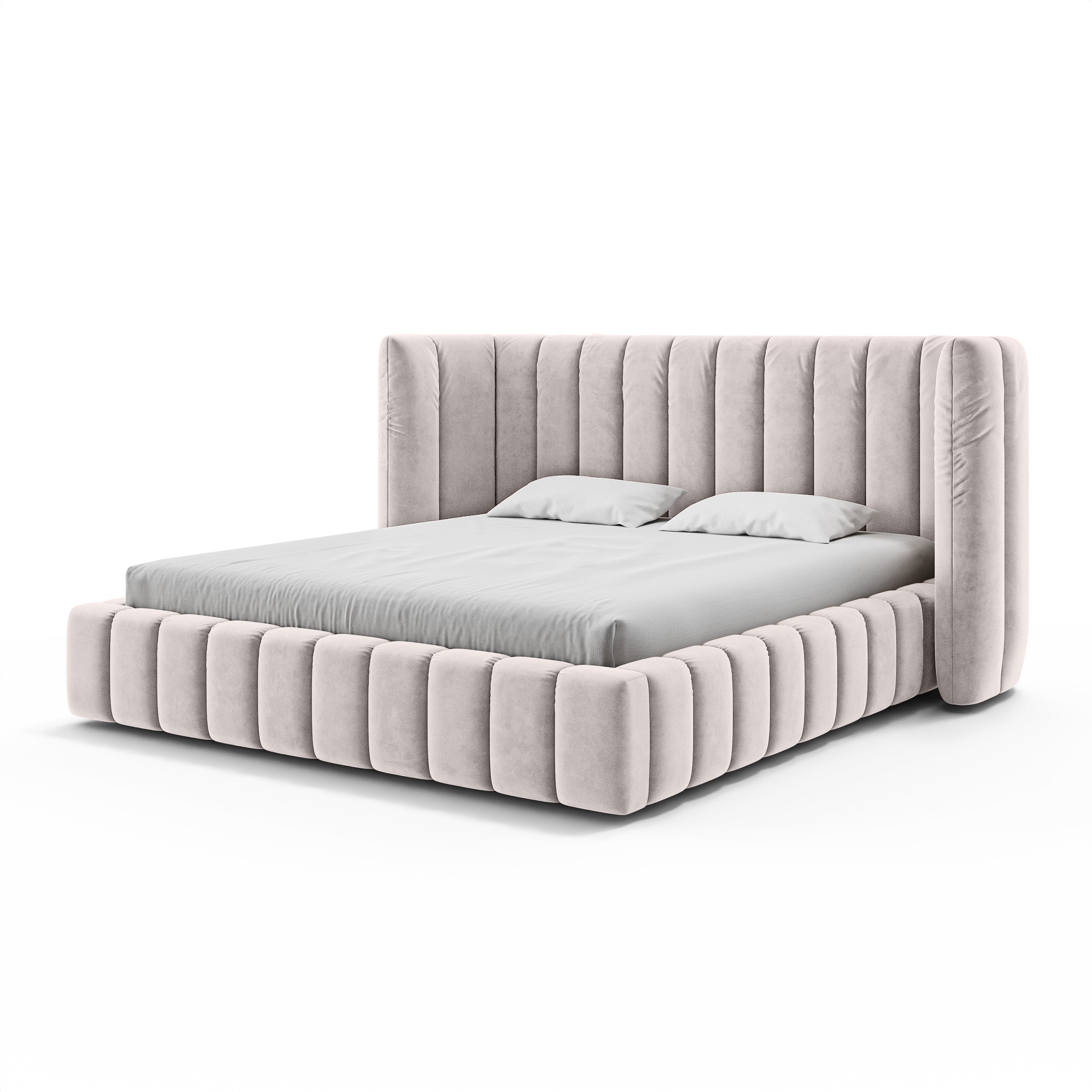 Upholstered bed with vertical tufting and storage in a modern soft style | Gianda