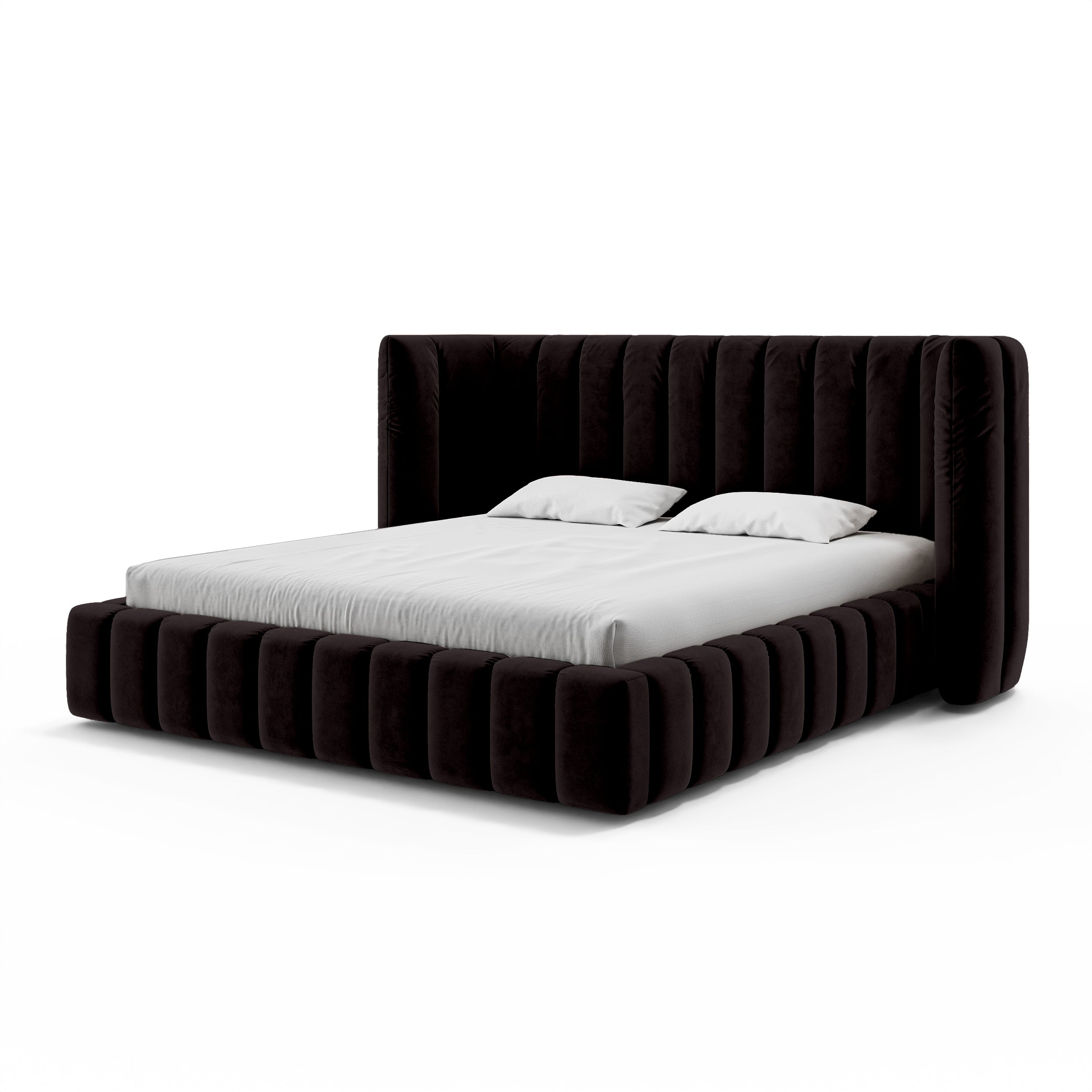 Upholstered bed with vertical tufting and storage in a modern soft style | Gianda