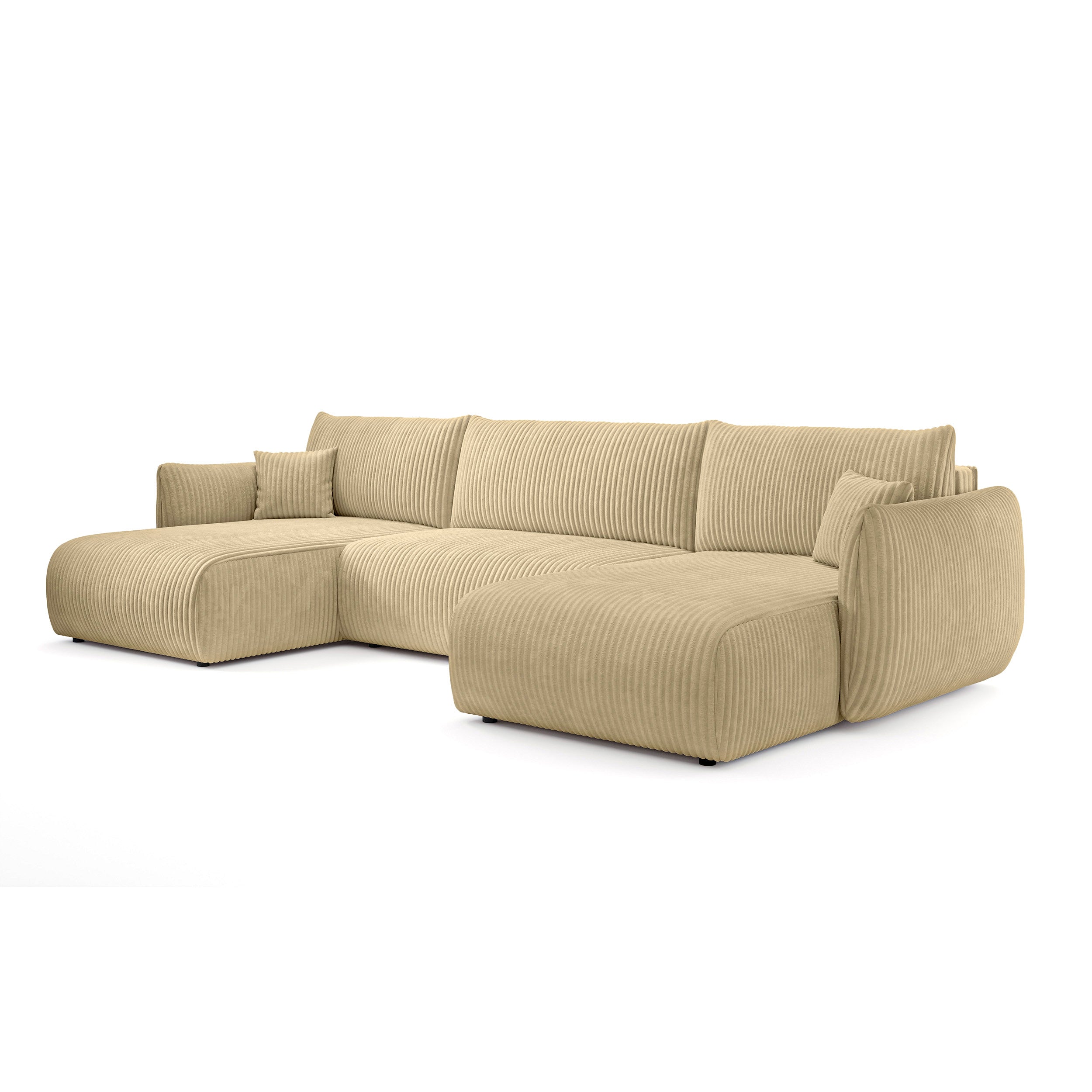 Narożnik U z funkcją spania o powierzchni 145x302 w stylu vintage - tkanina sztruksowa TILIA, zaokrąglona forma, miękkie poduchy | ALLORO Złocisty Len (TILIA 08)
