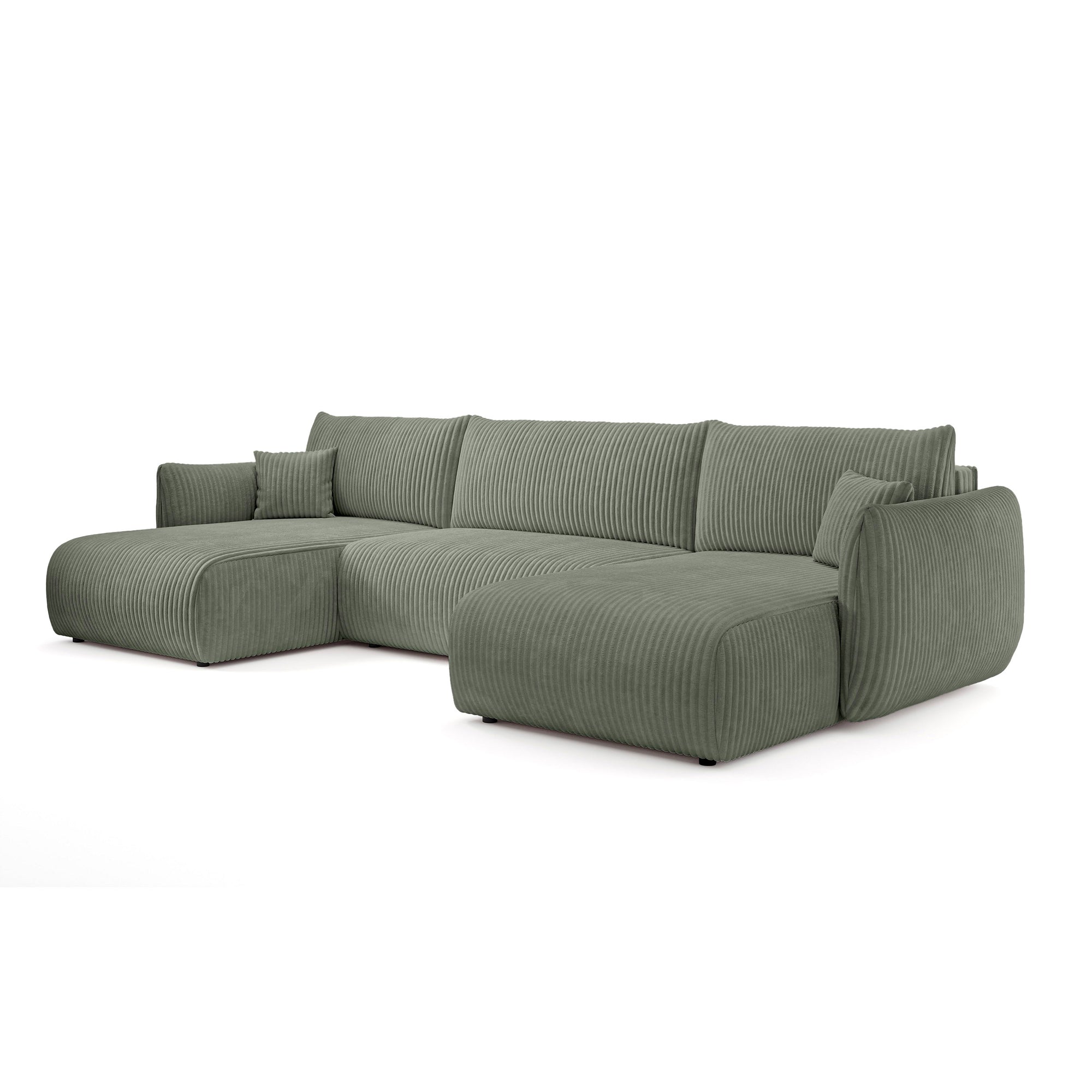 Narożnik U z funkcją spania o powierzchni 145x302 w stylu vintage - tkanina sztruksowa TILIA, zaokrąglona forma, miękkie poduchy | ALLORO Szałwia Kamienna (TILIA 37)