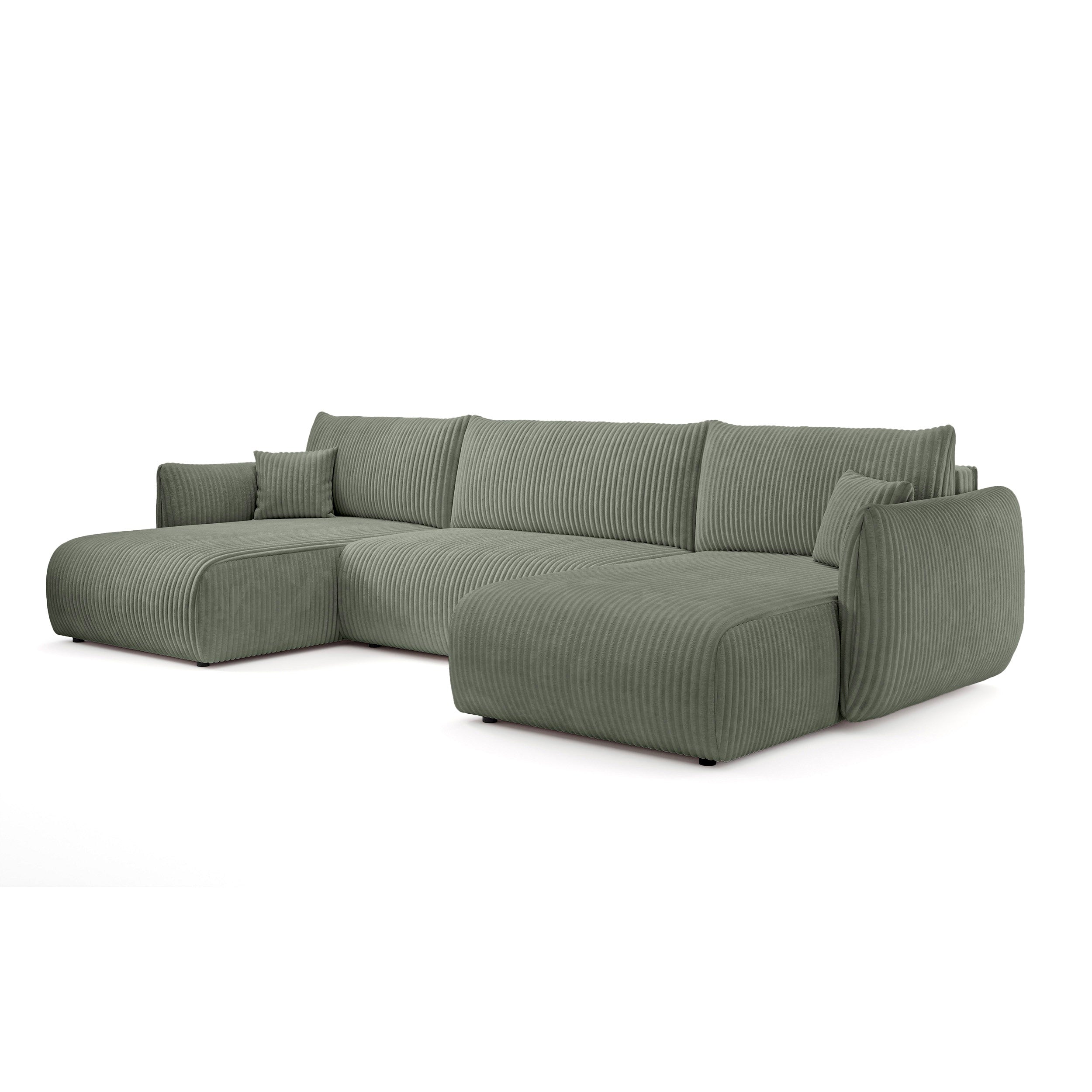 Narożnik U z funkcją spania o powierzchni 145x302 w stylu vintage - tkanina sztruksowa TILIA, zaokrąglona forma, miękkie poduchy | ALLORO Szałwia Kamienna (TILIA 37)