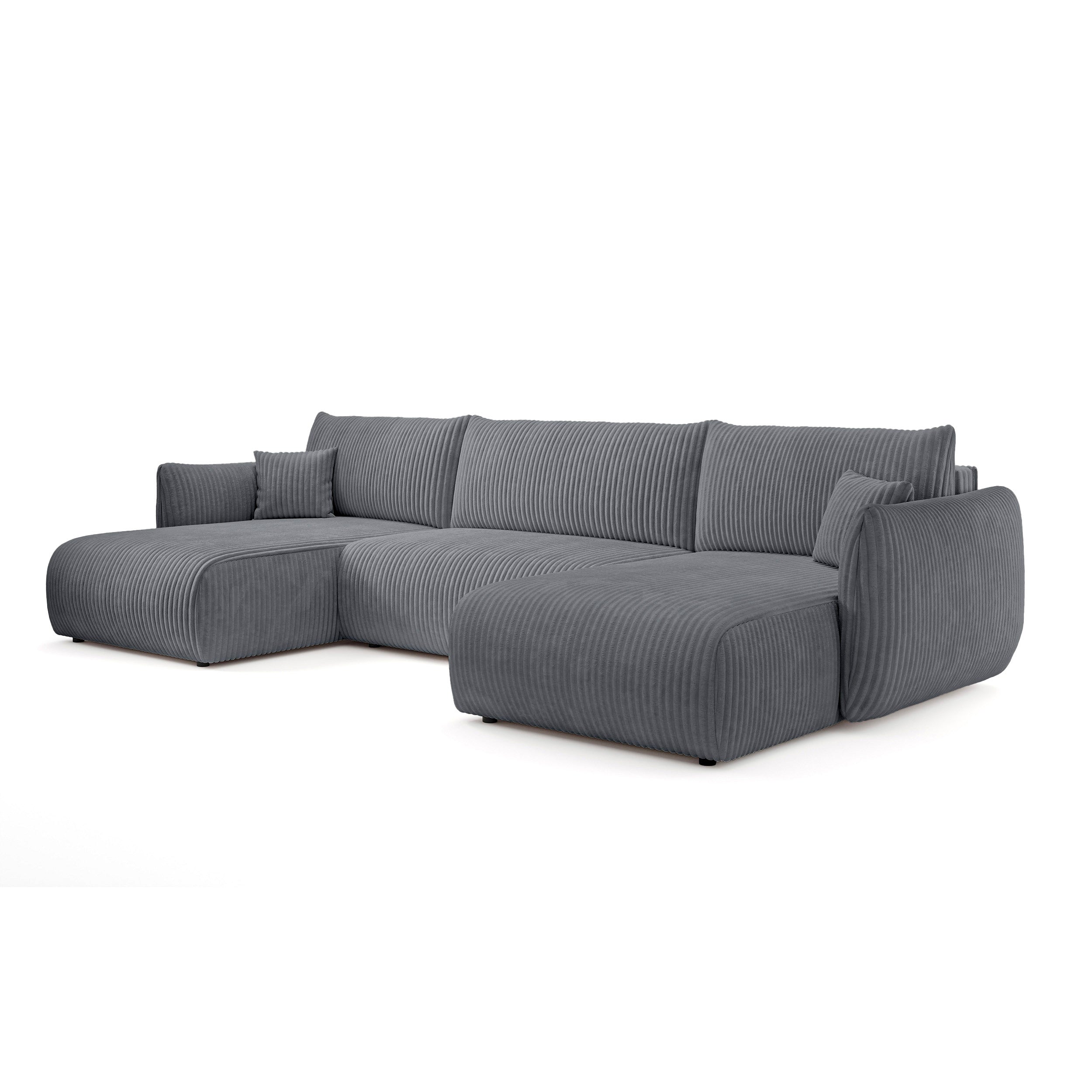 Narożnik U z funkcją spania o powierzchni 145x302 w stylu vintage - tkanina sztruksowa TILIA, zaokrąglona forma, miękkie poduchy | ALLORO Szary Horyzont (TILIA 90)