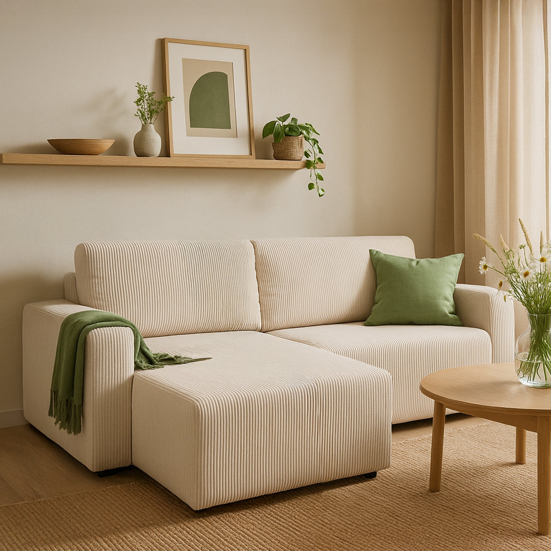 Narożnik uniwersalny z funkcją spania 3-osobowy 200x142–154 w stylu loft – sztruks POSO, pojemnik na pościel, mechanizm DL | Kingi