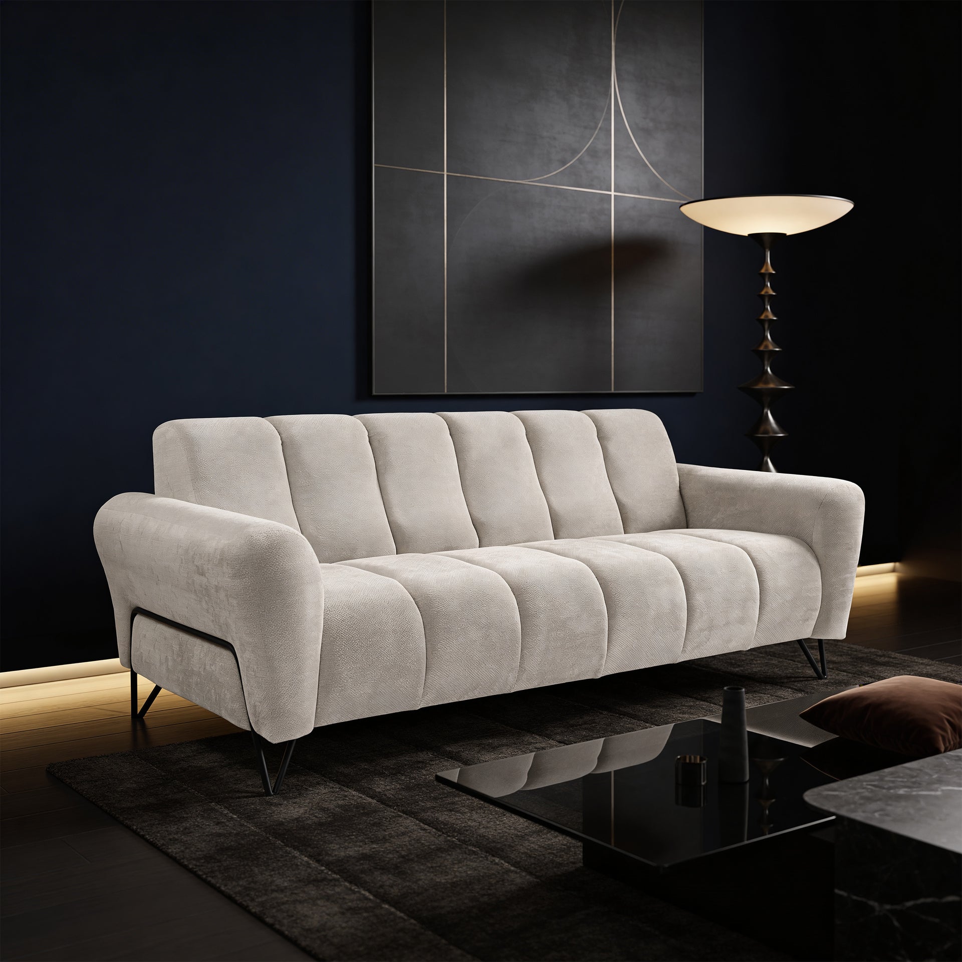 Sofa 3-osobowa do salonu w stylu soft - tkanina Storm, miękka forma, metalowe nogi | Nellia