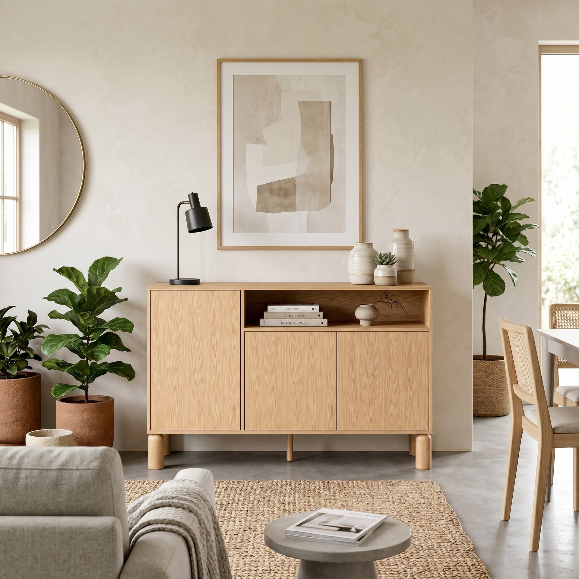Komoda 3-drzwiowa 140x92 z otwartą wnęką w stylu skandynawskim | FJORD