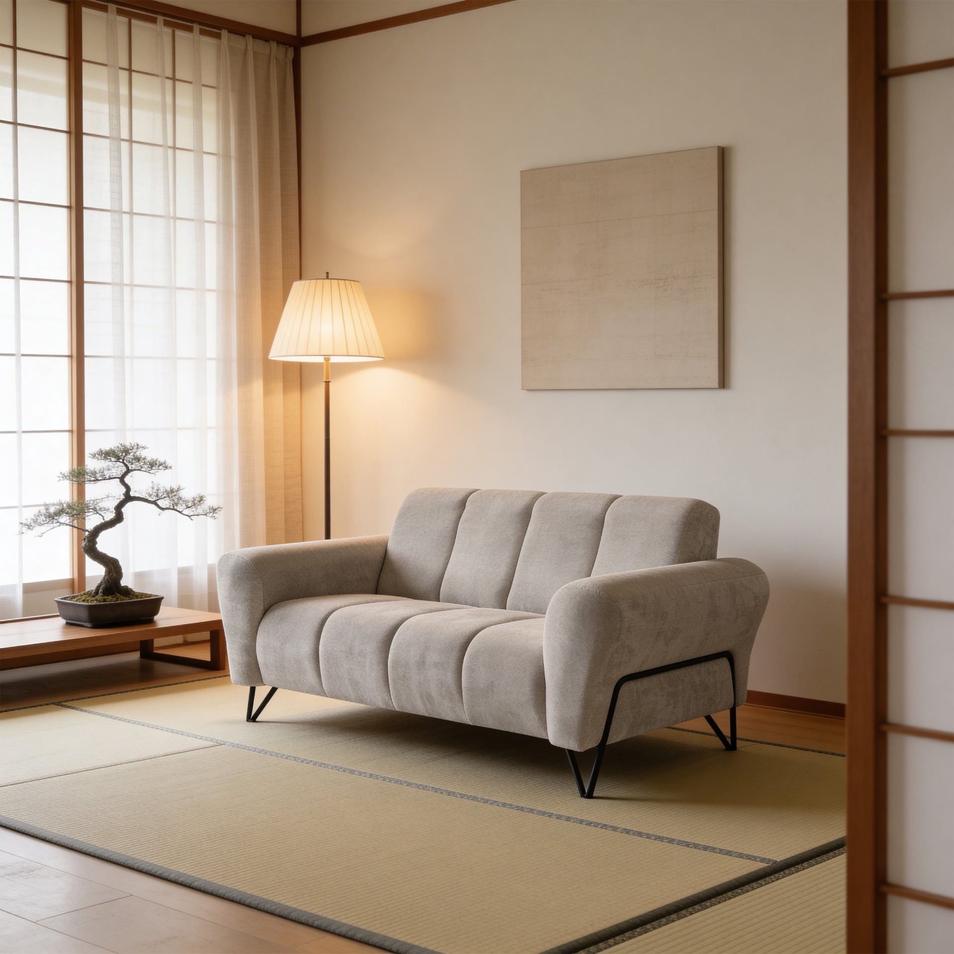 Sofa 2-osobowa do salonu w stylu soft - Storm, zaokrąglone podłokietniki, metalowe nogi | Nellia