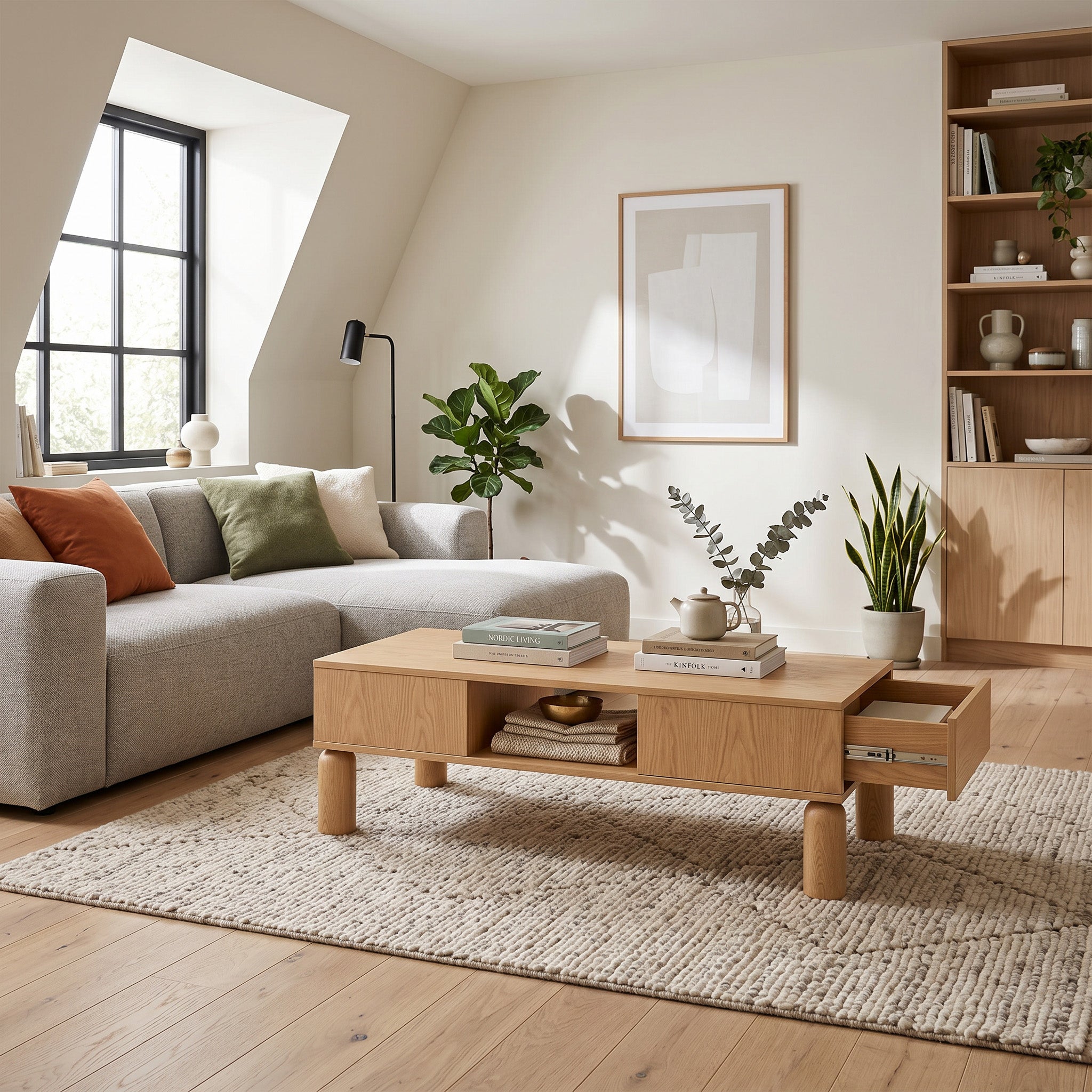 Stolik kawowy 110x37 z otwartymi wnękami w stylu skandynawskim | FJORD