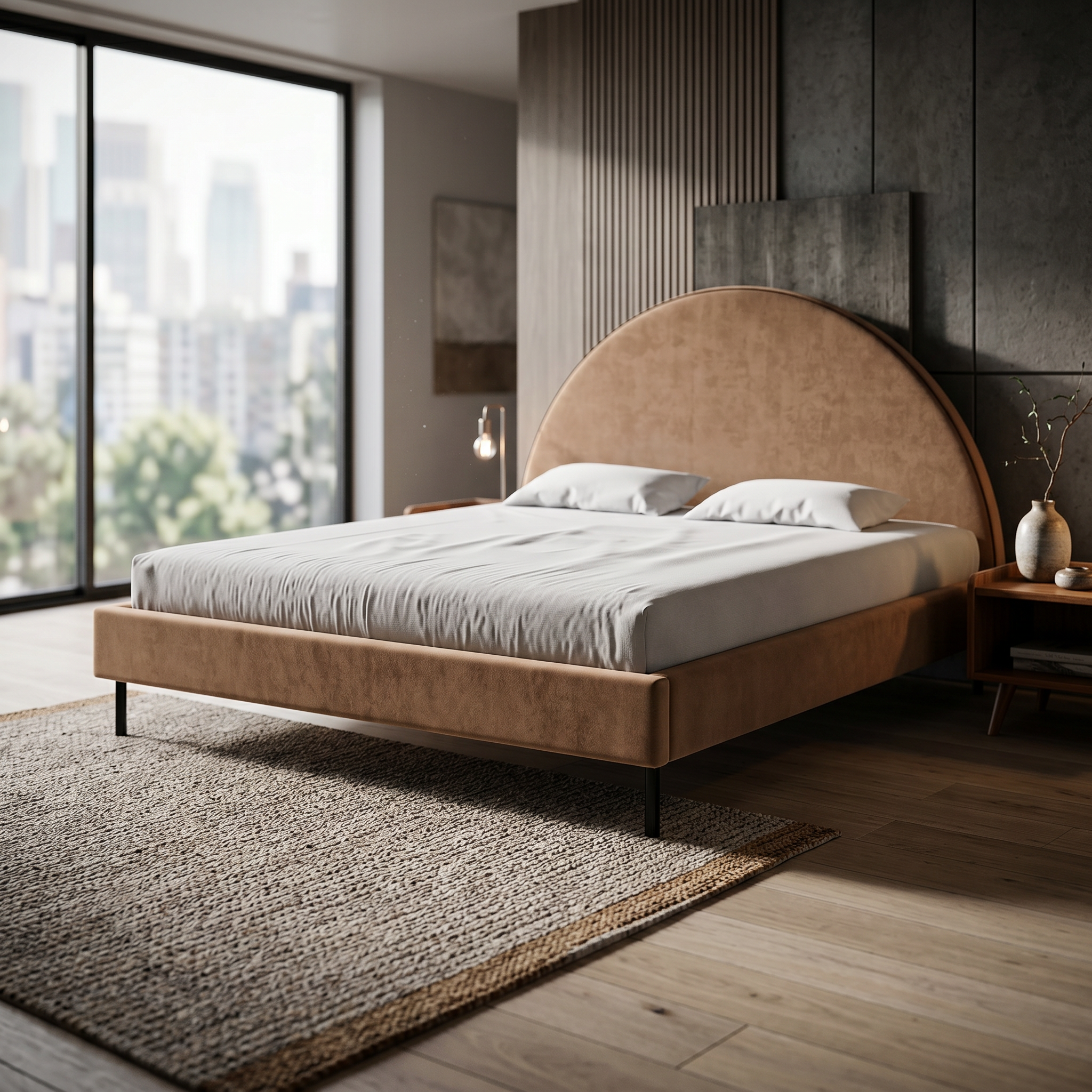 Upholstered bed with a semicircular headboard and storage in a soft modern style | Zora
