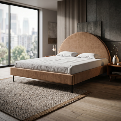Upholstered bed with a semicircular headboard and storage in a soft modern style | Zora
