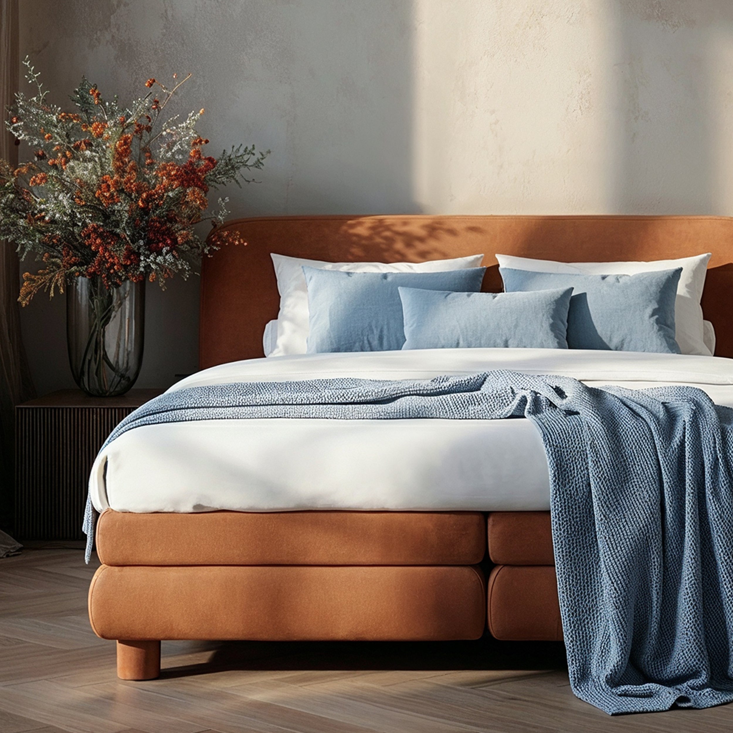 Continental bed with a rounded headboard in a modern organic style | Portela