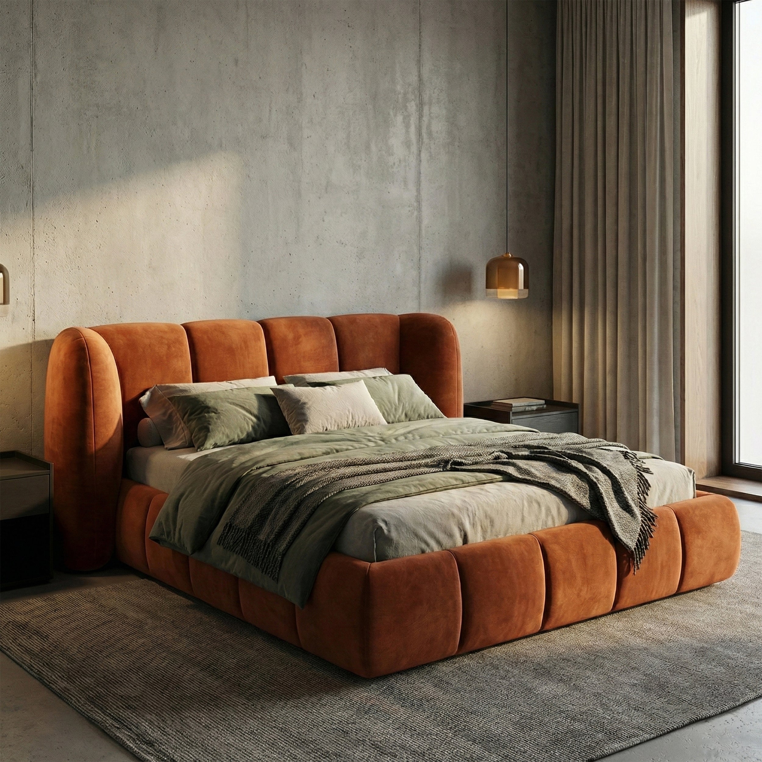 Upholstered bed with vertical tufting and storage in a soft modern style | Ventara