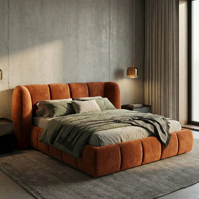 Upholstered bed with vertical tufting and storage in a soft modern style | Ventara