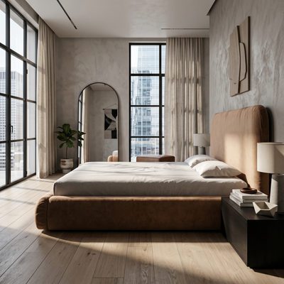 Upholstered bed with storage in a modern organic style | Paries