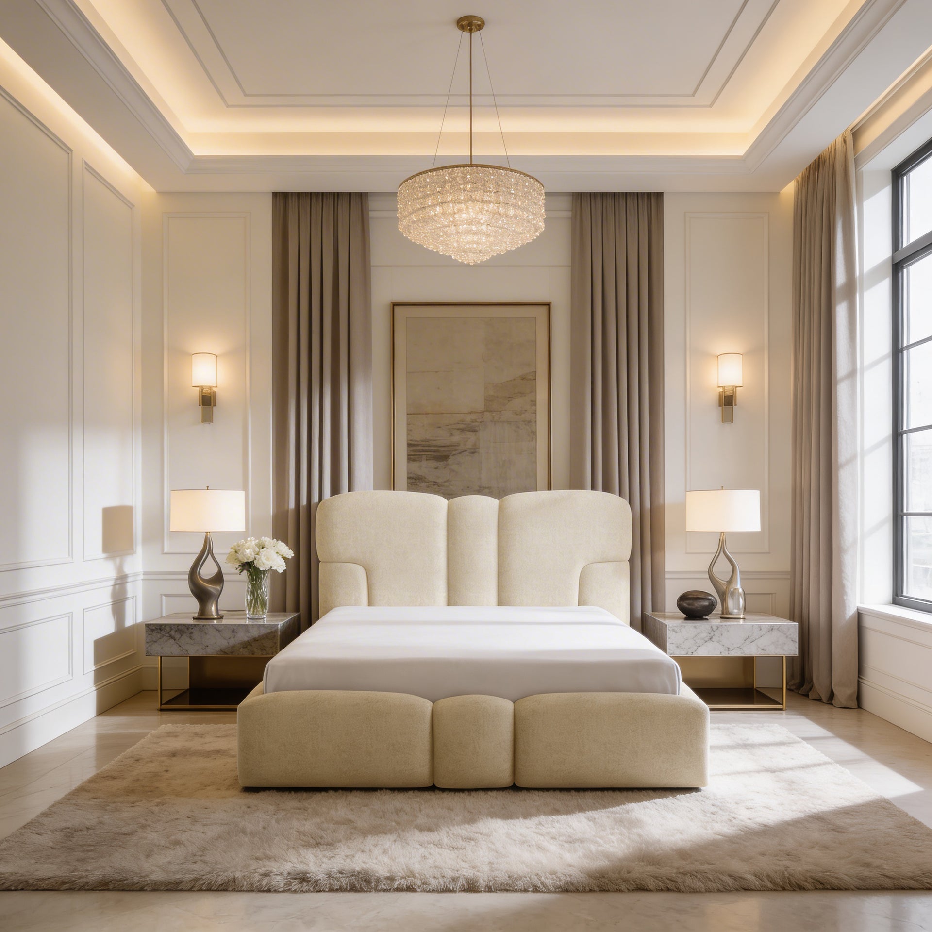 Łóżko tapicerowane z pojemnikiem w różnych rozmiarach w stylu soft - tkanina DOHA, LED, wysoki zagłówek | PUFFRA