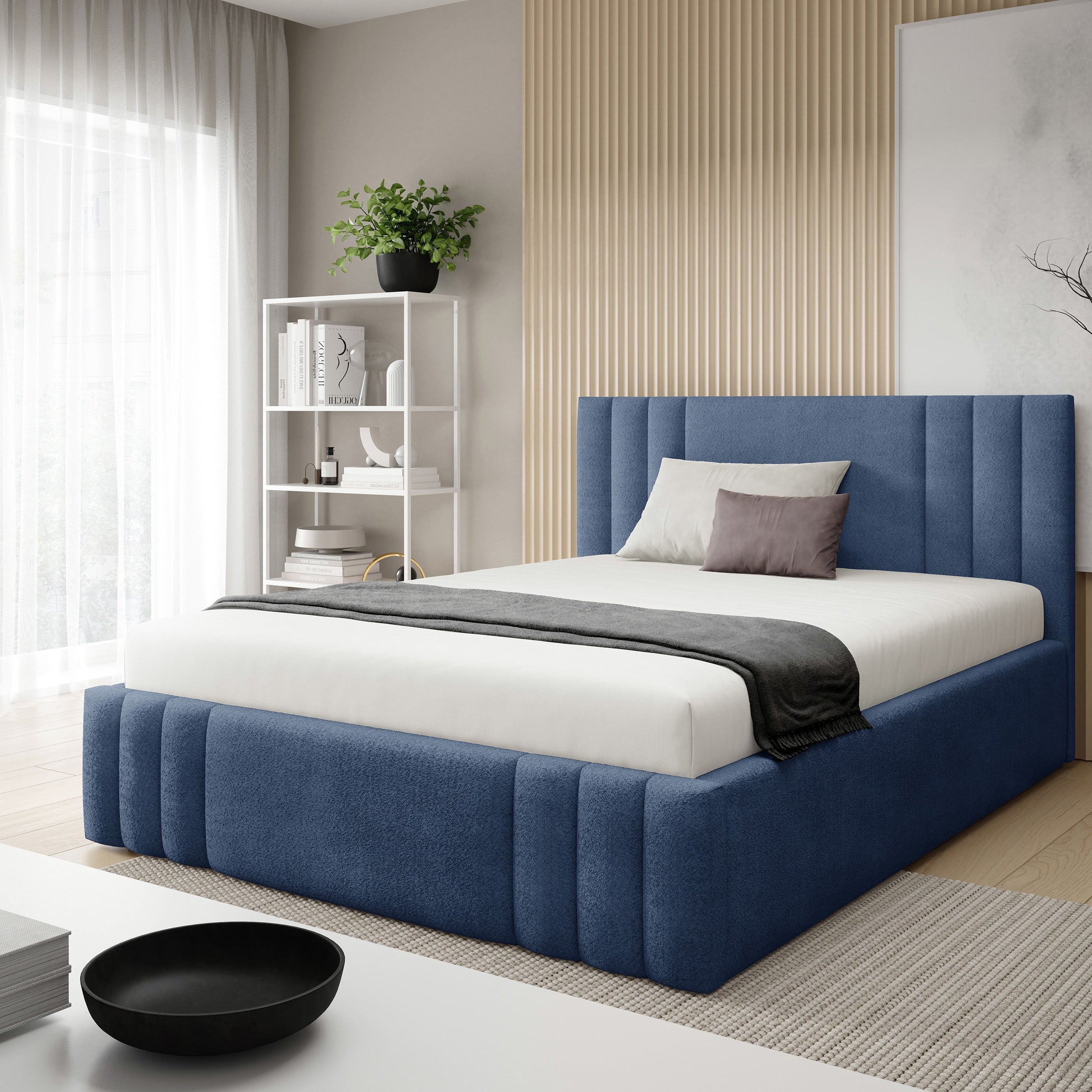Łóżko tapicerowane z pojemnikiem w różnych rozmiarach w stylu eleganckim, tkanina Coral | Falda