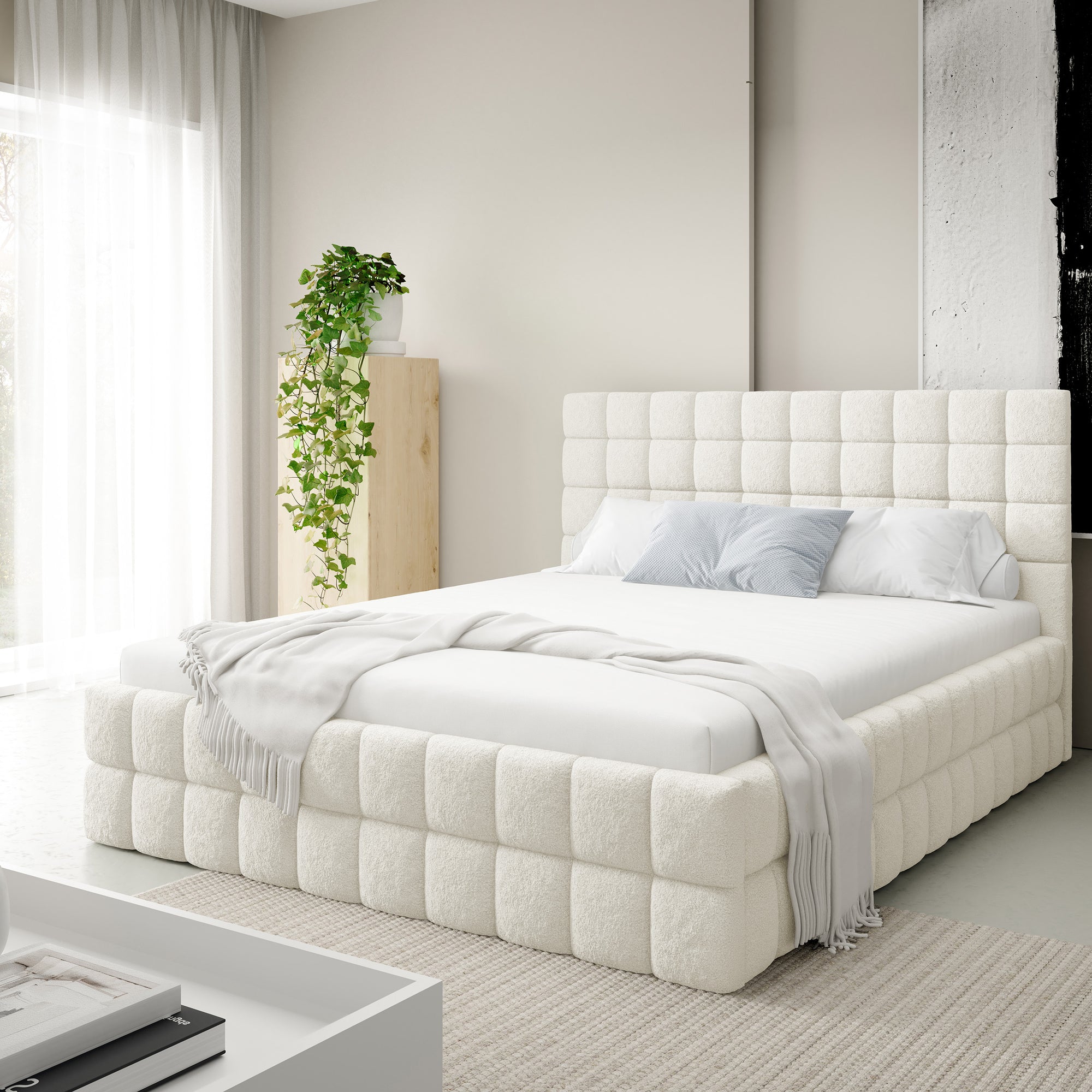 Łóżko tapicerowane z pojemnikiem w różnych rozmiarach w stylu nowoczesnym - tkanina Lambi, pikowany zagłówek | Stratus