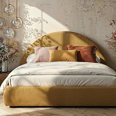 Upholstered bed with storage and a semicircular headboard in a modern style | Orizo