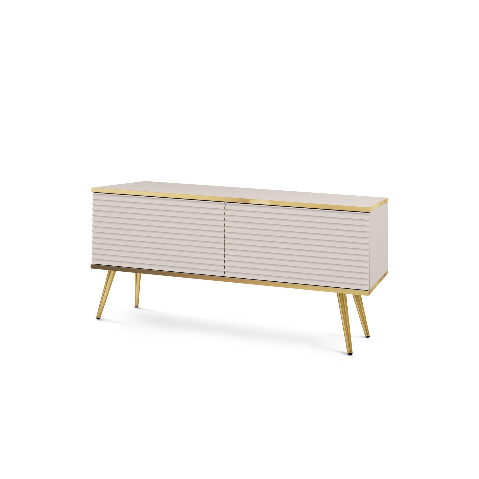 Szafka RTV 135x30 w stylu nowoczesnym - ryflowany front MDF, złote akcenty | Meva Beżowy Złota