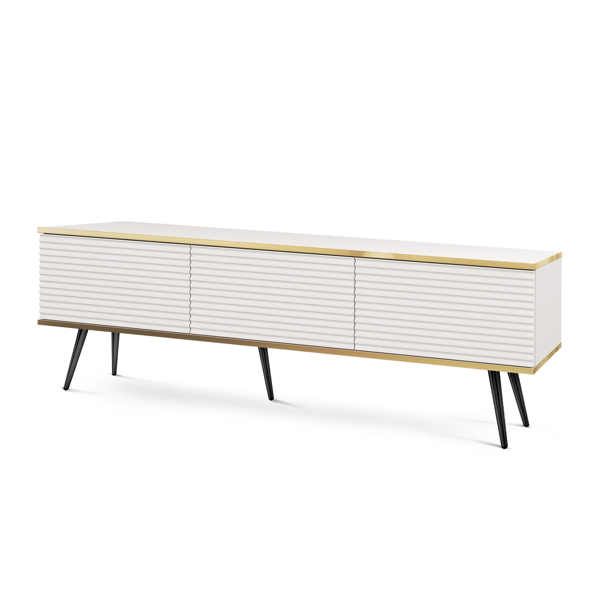 Szafka RTV 175x30 ze złotymi akcentami - ryflowany front MDF, system push-to-open | Meva Biały Czarny