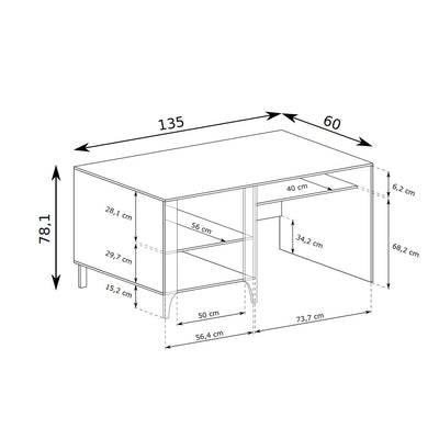 EKLIPSO desk 135x78 with a built-in cupboard in a modern style – dimension drawing | Pillovely