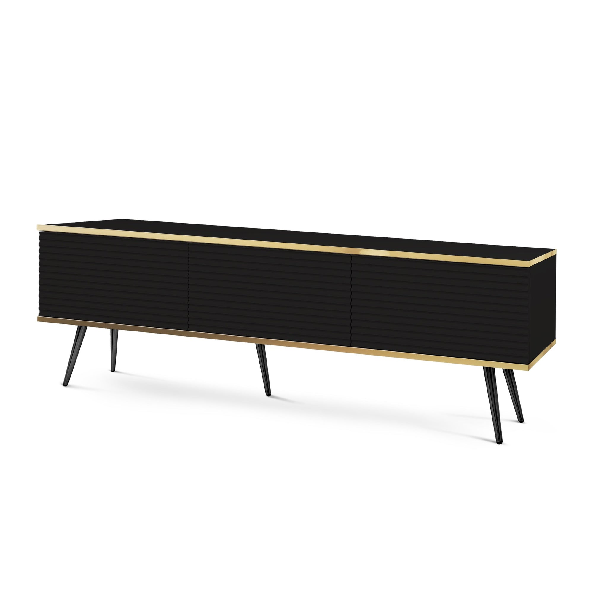 Szafka RTV 175x30 ze złotymi akcentami - ryflowany front MDF, system push-to-open | Meva Czarny Czarny