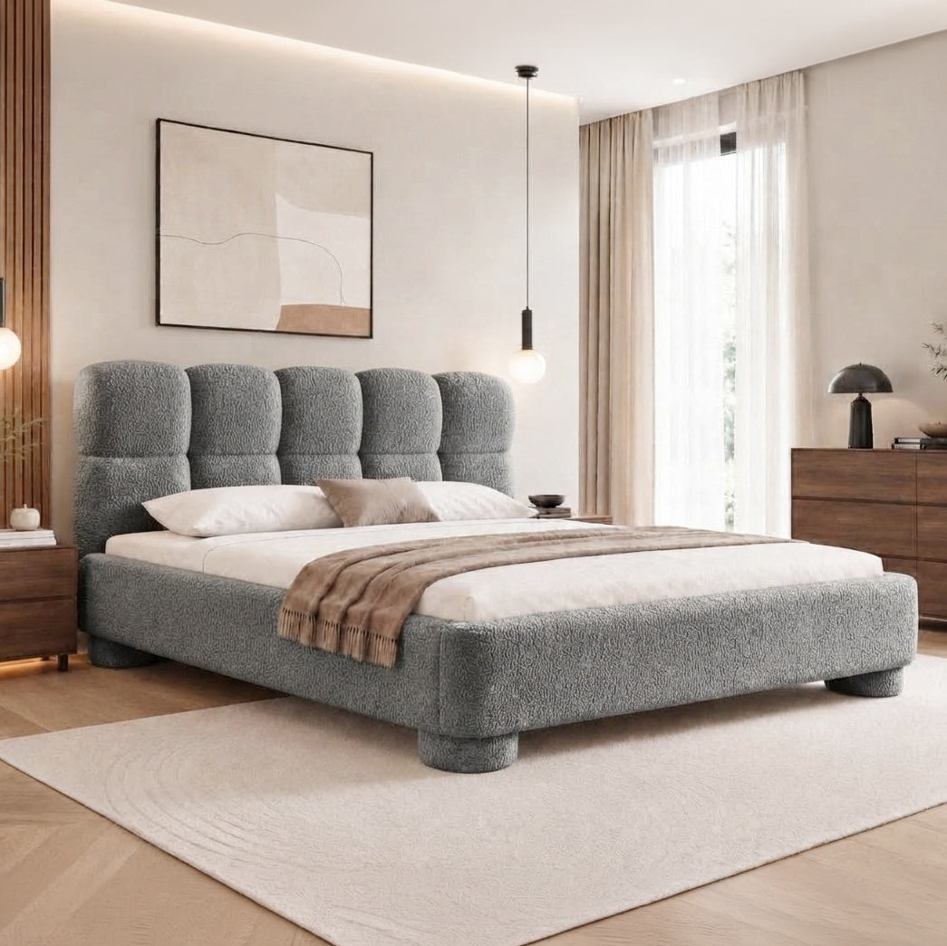 Lattro upholstered bed 120x200–200x200 with storage in modern organic style, Coral fabric – in an interior setting | Pillovely
