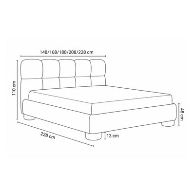 Lattro upholstered bed 120x200–200x200 with storage in modern organic style, Coral fabric – dimension drawing | Pillovely