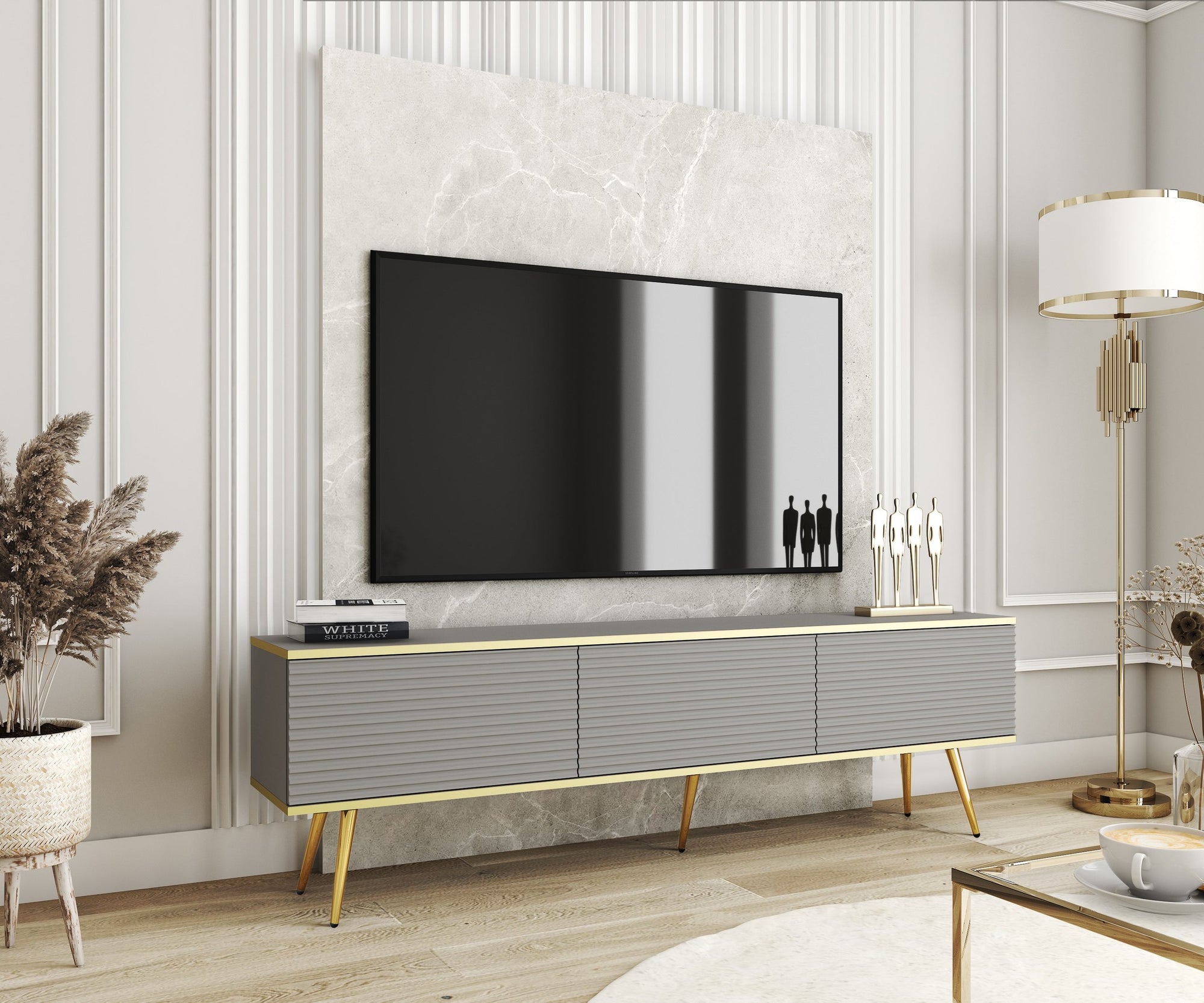Szafka RTV 175x30 ze złotymi akcentami - ryflowany front MDF, system push-to-open | Meva