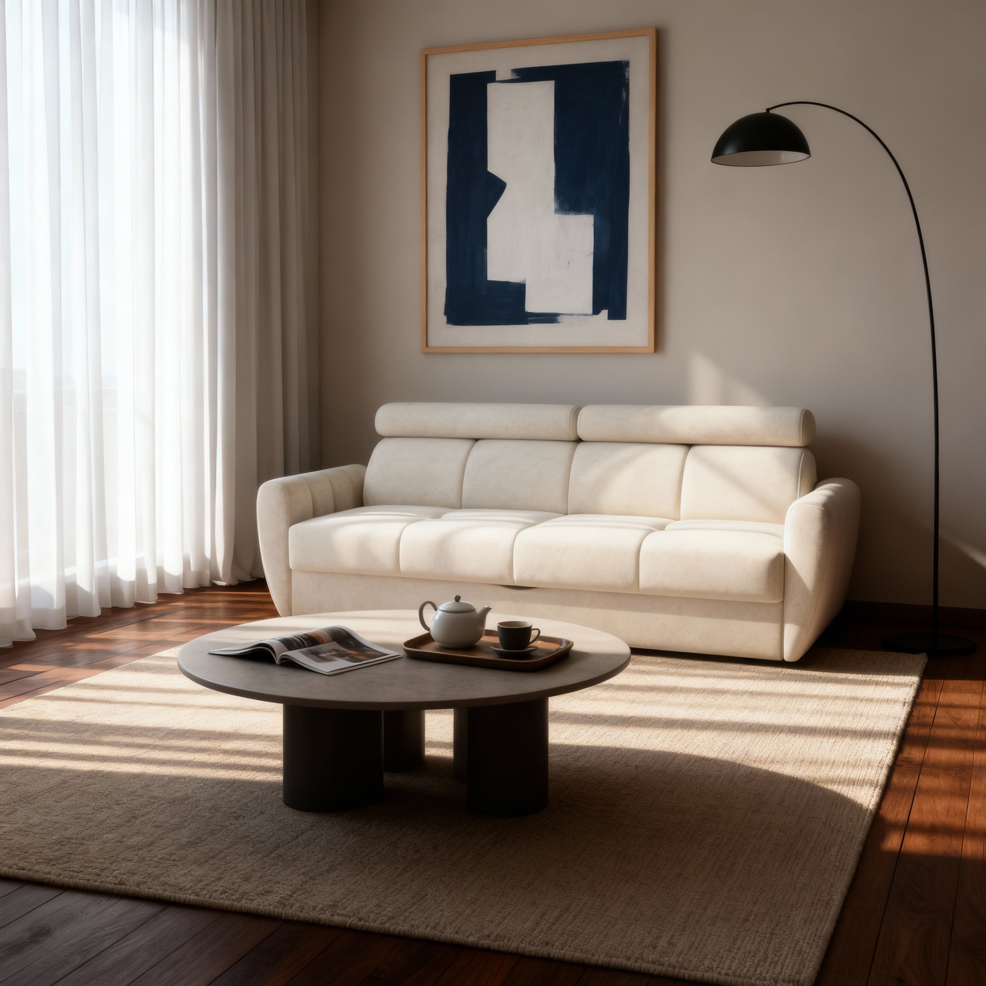 Sofa z funkcją spania 3-osobowa 227 cm w stylu minimalistycznym – pianka HR, regulowany zagłówek, puma | Franec