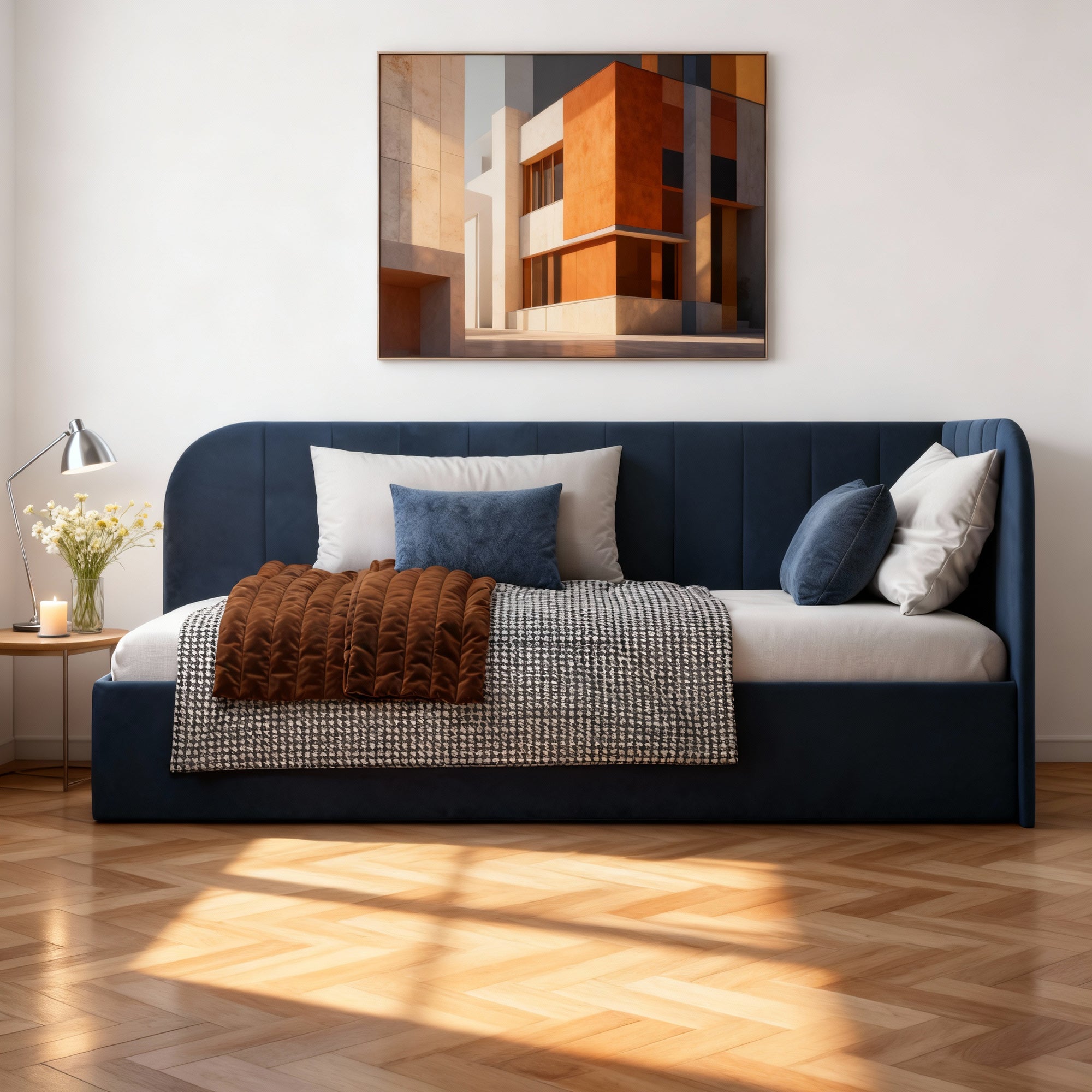 Łóżko narożne z pojemnikiem 101x212 w stylu skandynawskim – tapicerowane, miękkie zagłówki | Mily