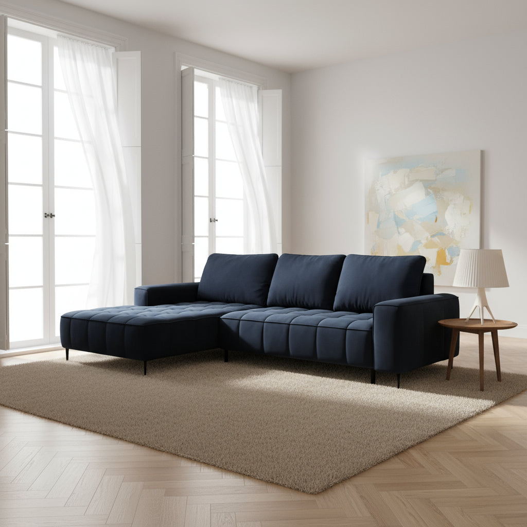 Narożnik z pojemnikiem na pościel 280 cm w stylu eleganckim – pianka HR, pikowane siedzisko, wysokie nóżki | Francessco