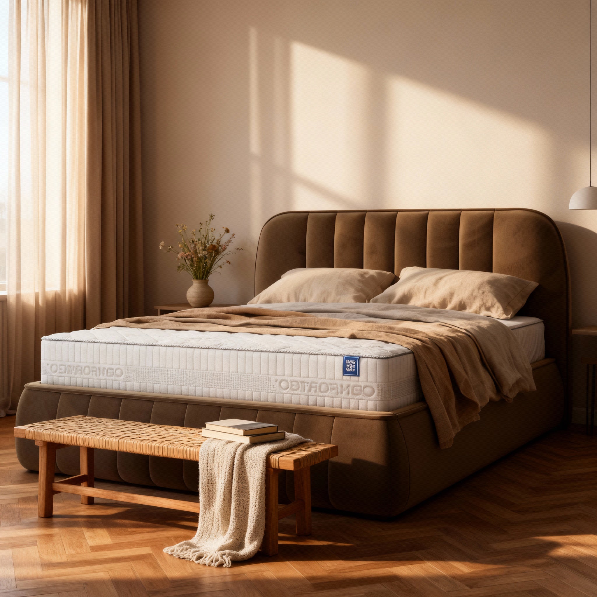 Łóżko tapicerowane z pojemnikiem w stylu soft minimalism | Carla