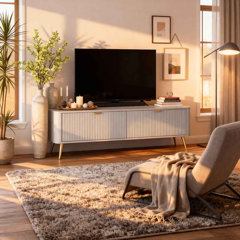 Szafka RTV 163x51 w stylu nowoczesnym - ryflowane fronty MDF, metalowe nogi, dwie szuflady | Laanti