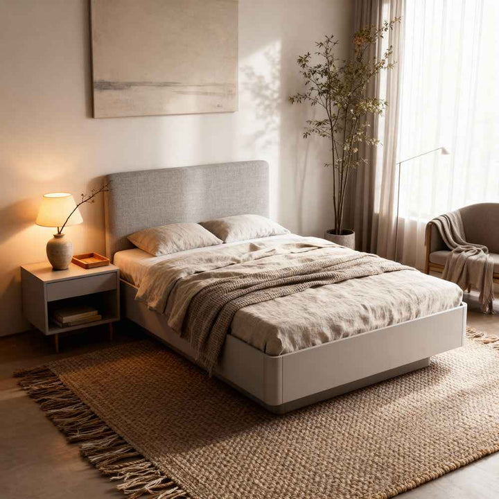 Łóżko tapicerowane z pojemnikiem 160x200 w stylu modern – wysokie wezgłowie, zaokrąglona forma | Laanti