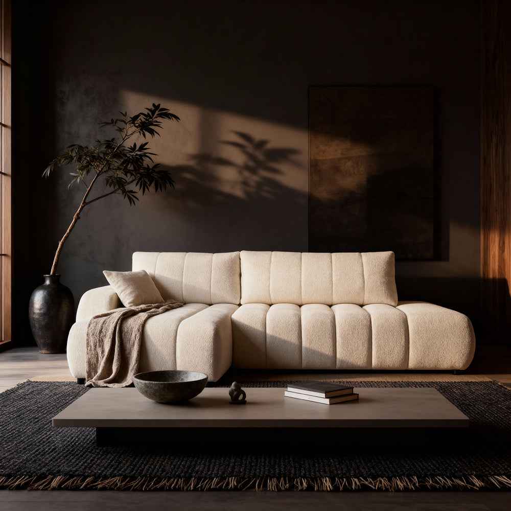 Narożnik z funkcją spania DL 276 cm w stylu nowoczesnym – tkanina Lambi, dekoracyjne przeszycia, pojemnik | BALOA