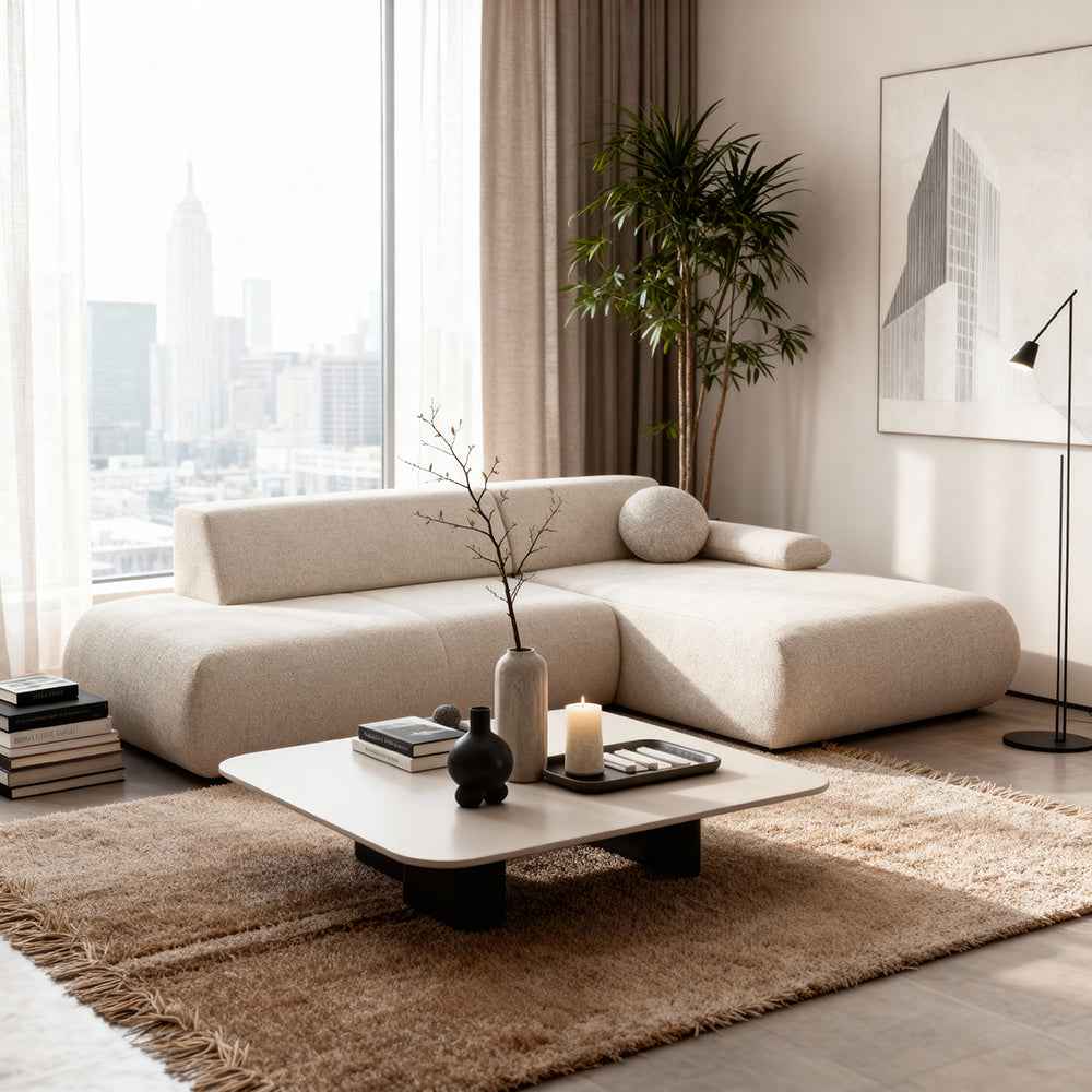 Narożnik 4-osobowy z funkcją spania w stylu minimalistycznym – Tkanina Puente, automat DL, pojemnik | Puentro