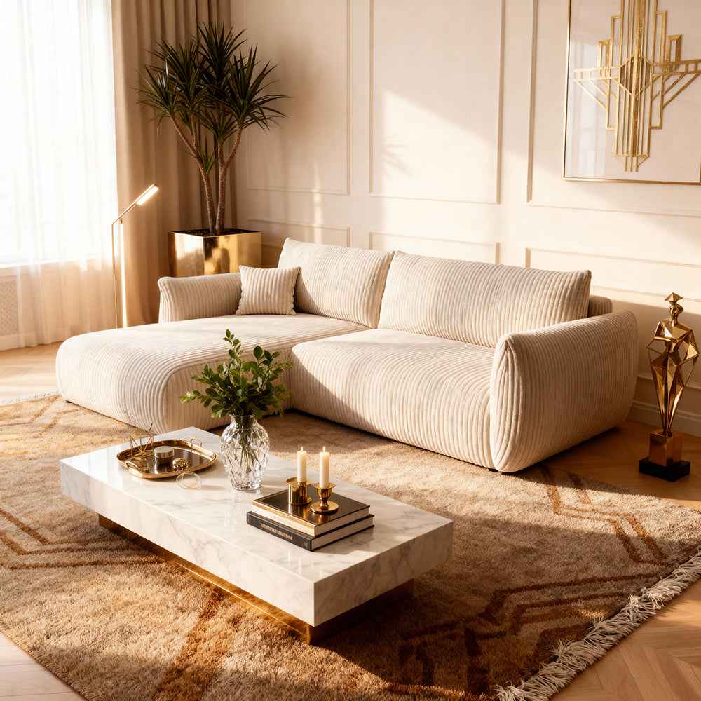 Narożnik z funkcją spania 257 cm w stylu nowoczesnym – automat wspomagający, pojemnik na pościel | ALLORO