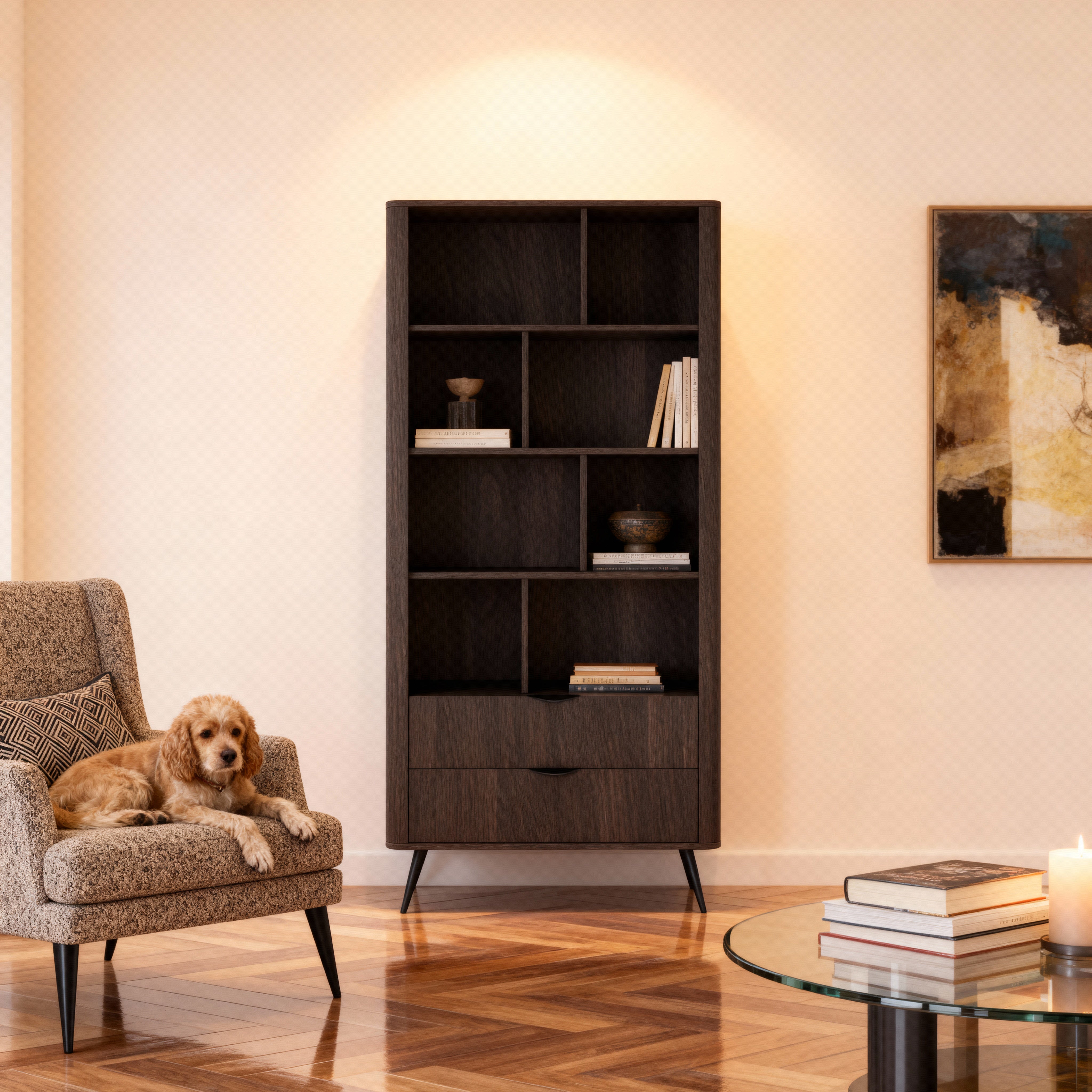 Regał 88x194 z otwartymi półkami i szufladami w stylu soft loft | Velia