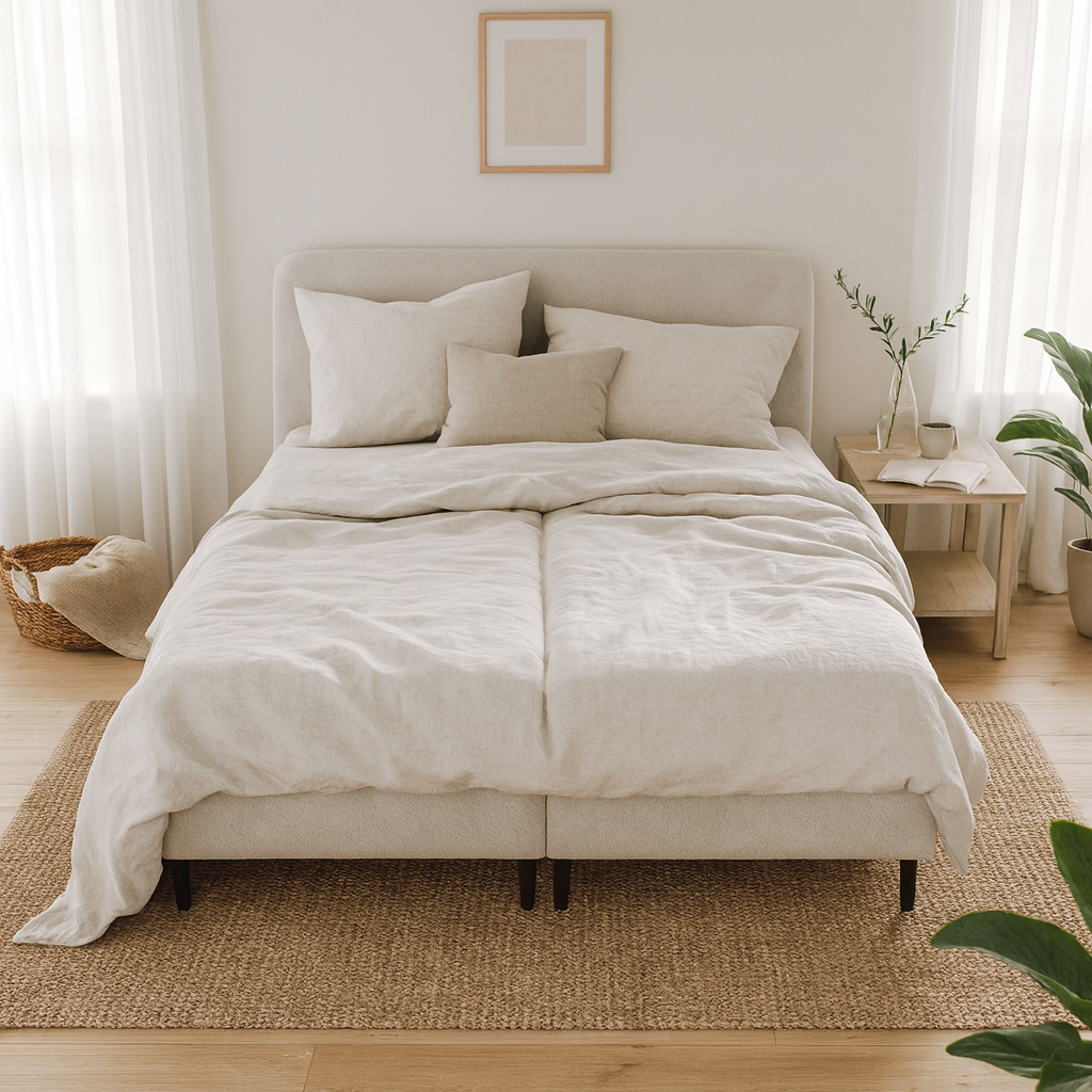 Łóżko kontynentalne z pojemnikiem w stylu nowoczesnym – tkanina Lambi, wysokie nóżki | Anemon