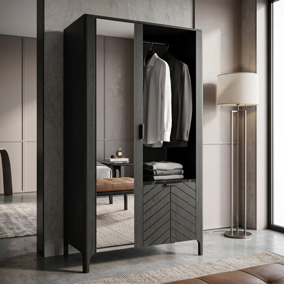 EKLIPSO wardrobe 105x197 with mirror in a modern style, colour Black – in an interior setting | Pillovely