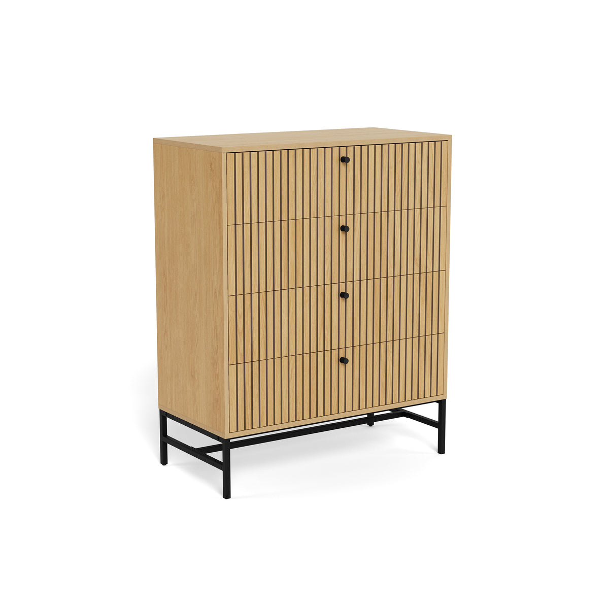 Bambouz chest of drawers, 81x100, in oak – an oblique view of the four slatted drawers and the black base